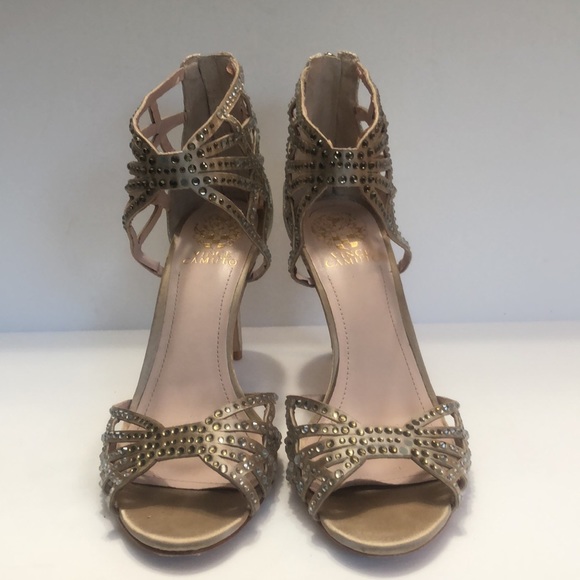 Vince Camuto Metallic Gold Open Toe Rhinestone Back Zip Heels size 8.5M - Picture 8 of 16